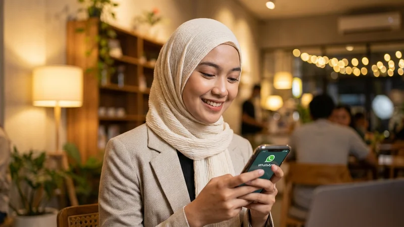 Wanita Indonesia berhijab mengetik undangan di WhatsApp dengan sopan