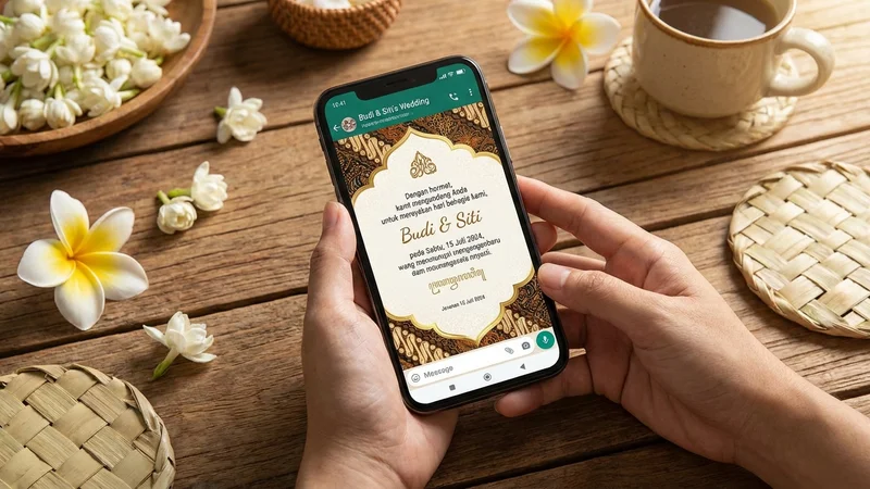 Smartphone menampilkan chat WhatsApp undangan pernikahan formal di meja kayu