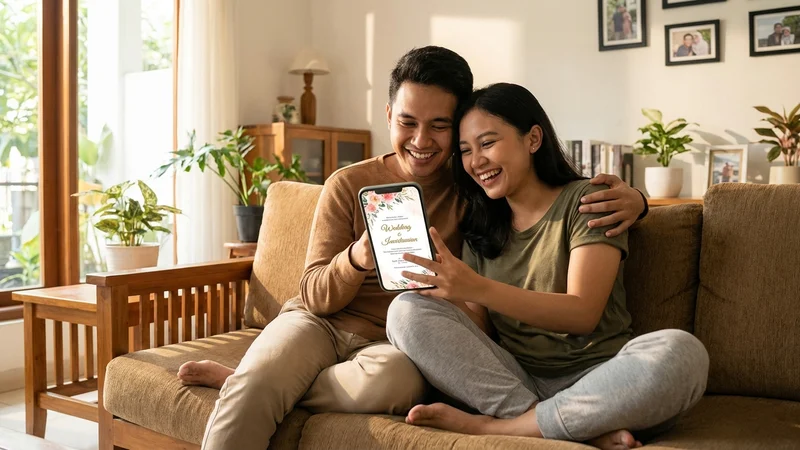Pasangan Indonesia melihat undangan digital pernikahan di smartphone