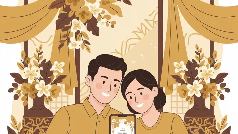Pasangan pengantin menunjuk ke layar tablet yang menampilkan desain undangan digital terbaik