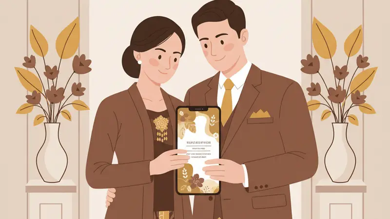 Ilustrasi pasangan menggunakan amplop digital di undangan pernikahan