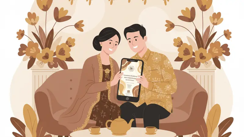 Ilustrasi amplop digital pernikahan dengan QR code dan smartphone