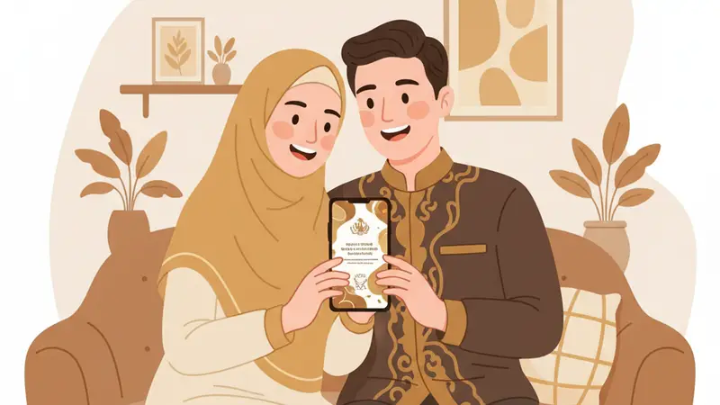 Pengantin melihat rekapitulasi amplop digital di laptop