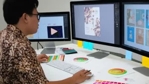 Desainer profesional Indonesia sedang membuat undangan digital pernikahan di laptop