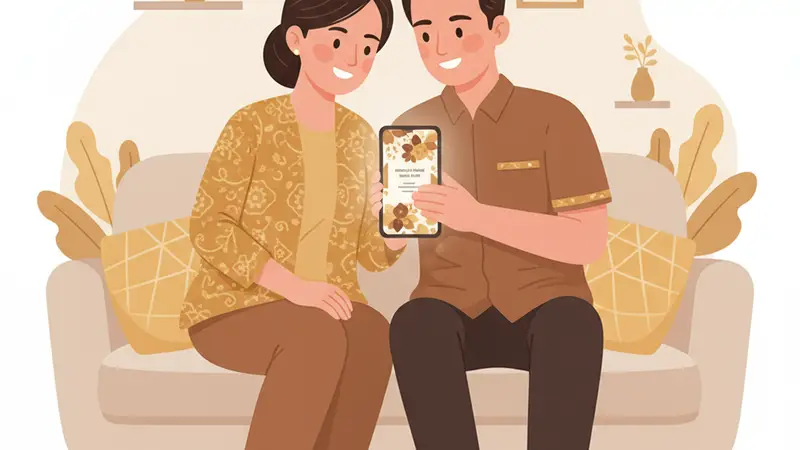 Pengantin melihat undangan digital di smartphone