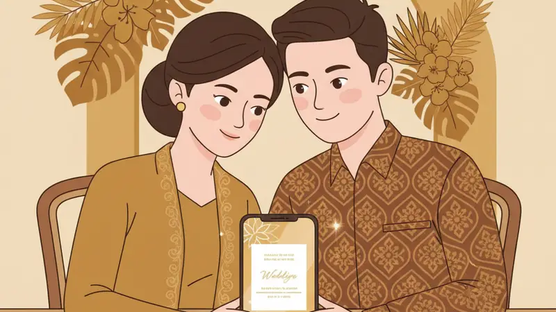 Pasangan tersenyum bahagia melihat undangan digital mereka di tablet, menunjukkan kemudahan beli undangan digital