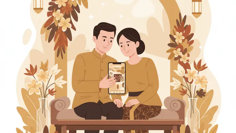 Pasangan sedang melihat undangan perkawinan digital di tablet