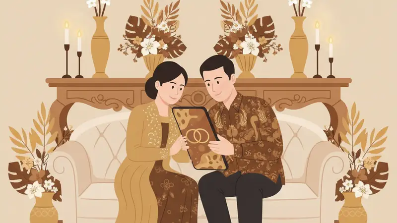 Ilustrasi pasangan sedang melihat harga jasa undangan digital di laptop