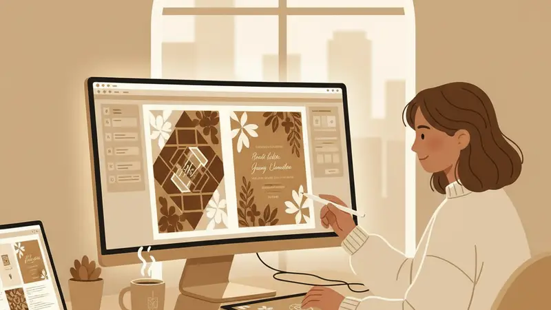 Ilustrasi pasangan sedang memilih fitur-fitur undangan digital