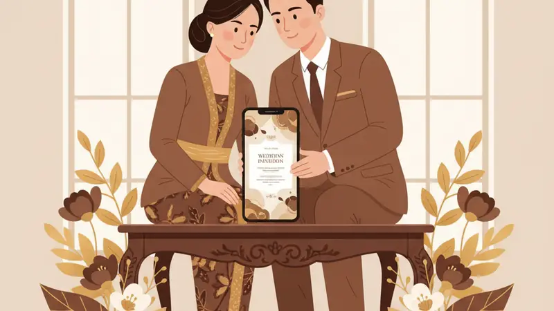 Ilustrasi pasangan sedang melihat biaya undangan digital di laptop