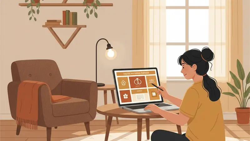 Ilustrasi pasangan sedang mendiskusikan biaya undangan digital dengan desainer