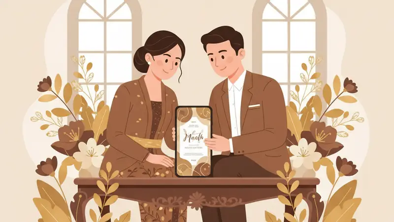 Ilustrasi pasangan sedang membuat undangan digital gratis di laptop