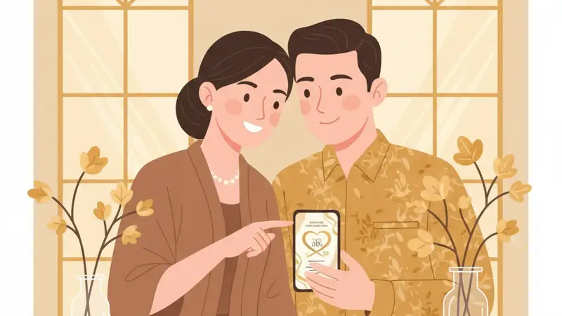 Ilustrasi pasangan memegang ponsel dengan contoh undangan