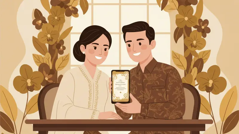 Ilustrasi pasangan memperlihatkan undangan pada ponsel
