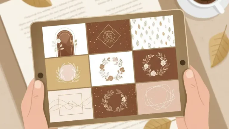 Ilustrasi tablet berisi pilihan motif template undangan