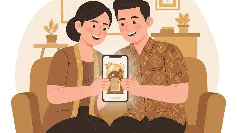 Ilustrasi pasangan duduk sambil memperlihatkan ponsel