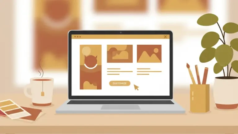 Ilustrasi laptop dengan pilihan desain undangan di meja