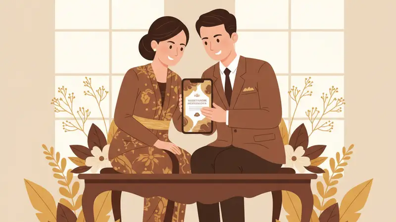 Pasangan pengantin sedang melihat tablet berisi undangan pernikahan digital Sannubari