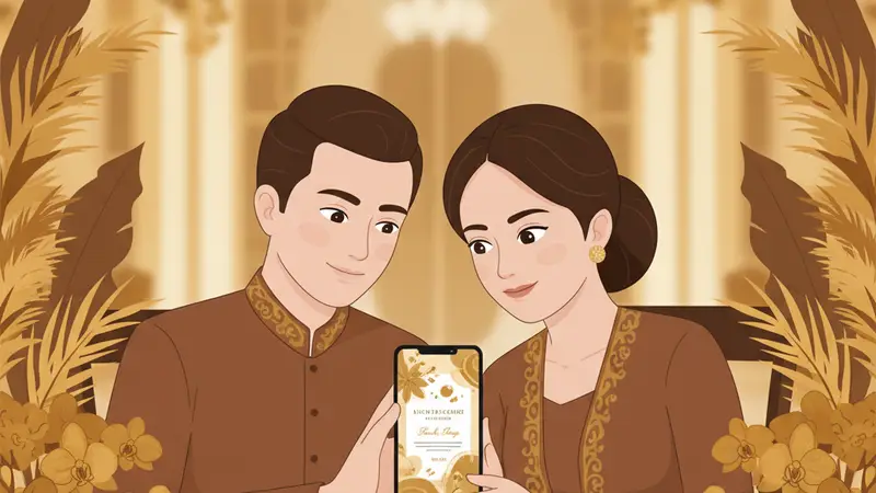 Pasangan sedang melihat undangan pernikahan digital di laptop