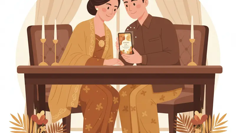 Pasangan sedang melihat layar laptop untuk bikin undangan pernikahan online gratis