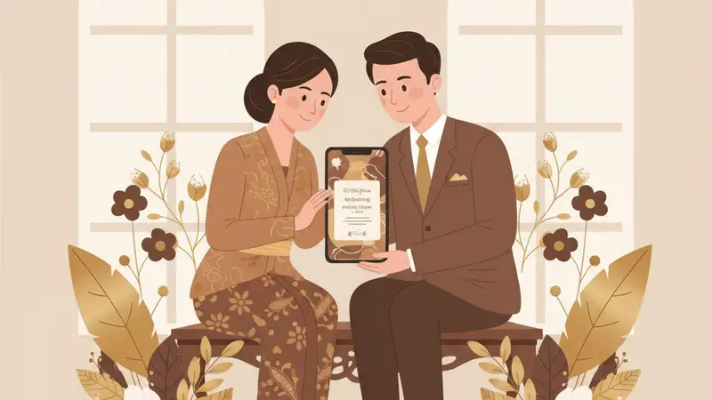 Ilustrasi keluarga Muslim bahagia dengan bayi dan undangan aqiqah online gratis