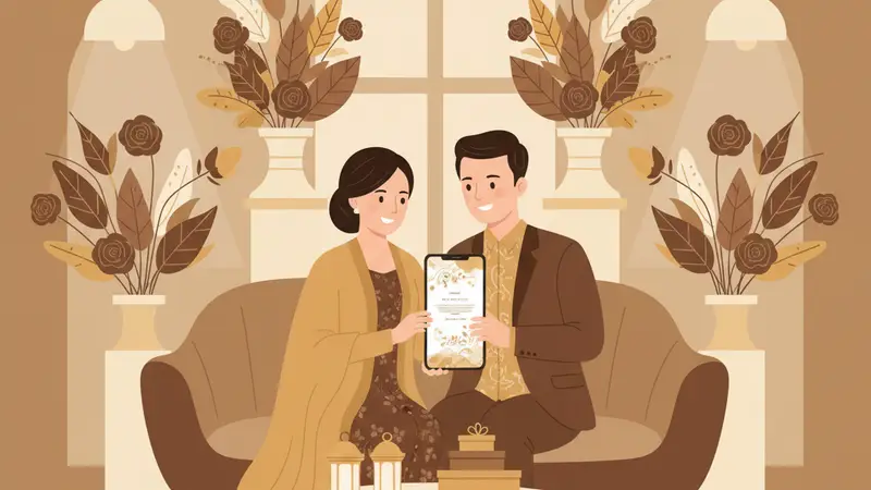 Pasangan memeriksa desain undangan digital di ponsel