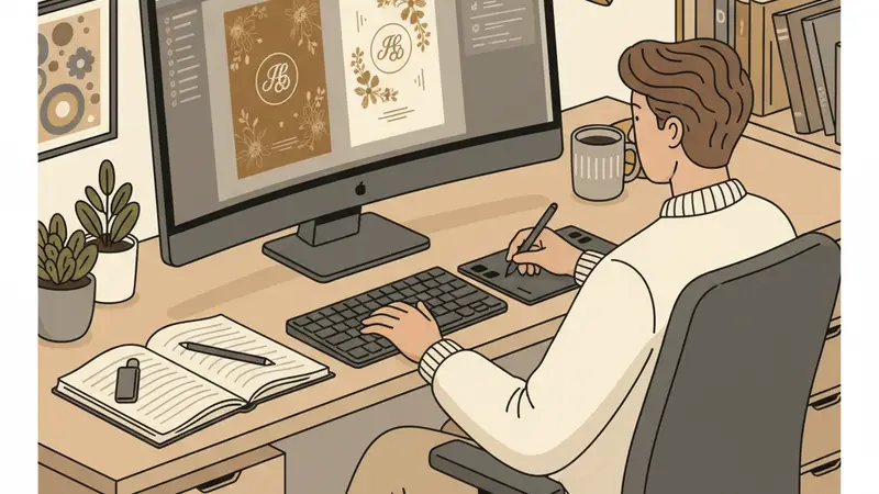 Desainer menyusun pilihan desain undangan digital di komputer