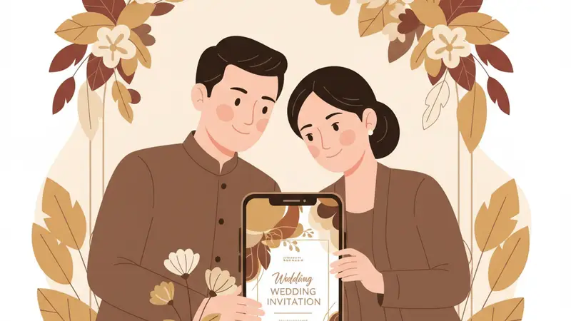 Ilustrasi pasangan sedang melihat undangan digital gratis di laptop