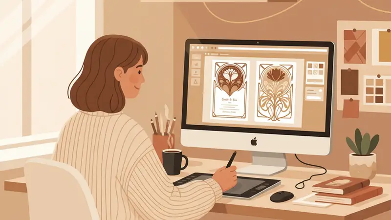 Ilustrasi tangan sedang mendesain undangan digital di laptop