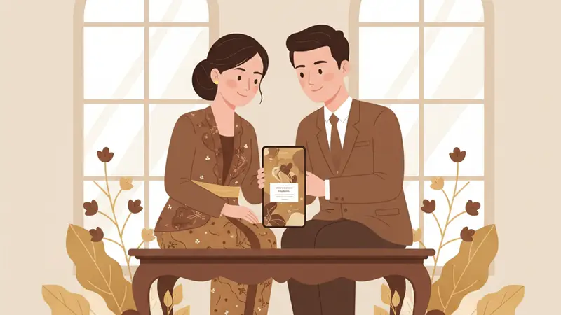Pasangan pengantin melihat contoh undangan digital di laptop