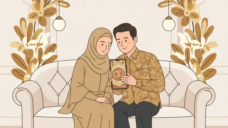 Ilustrasi keluarga membuat undangan khitanan online gratis di laptop