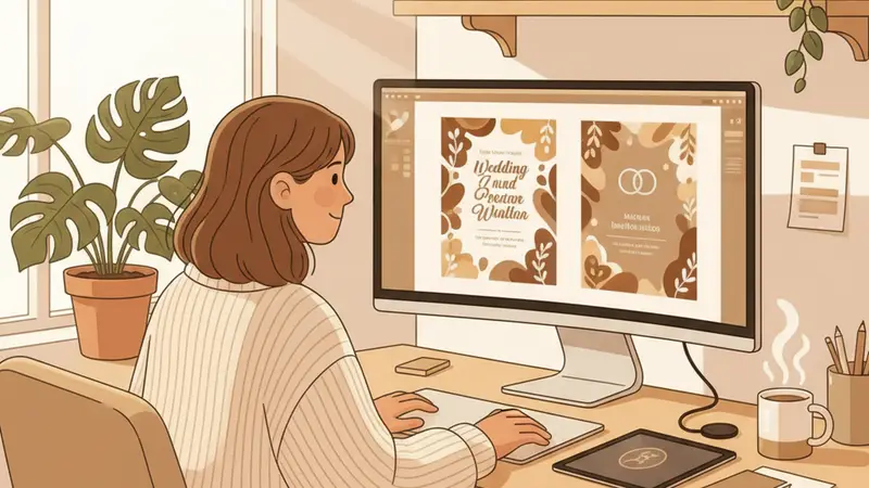 Seorang ibu sedang mendesain undangan khitanan online gratis menggunakan aplikasi di tablet