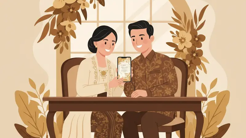 Ilustrasi pasangan sedang melihat undangan nikah online di tablet