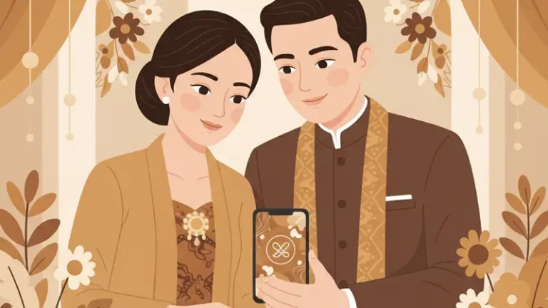 Ilustrasi pasangan memegang ponsel dengan latar hiasan bunga