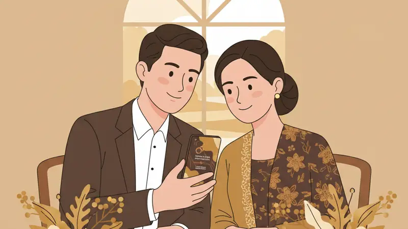 Pasangan pengantin sedang melihat undangan nikah online di laptop