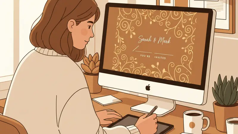 Ilustrasi wanita sedang memilih template undangan nikah online