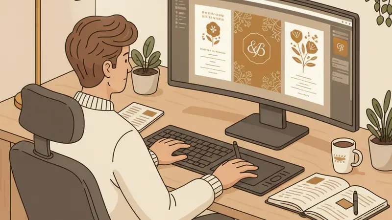 Ilustrasi pria menyunting kartu undangan pada komputer