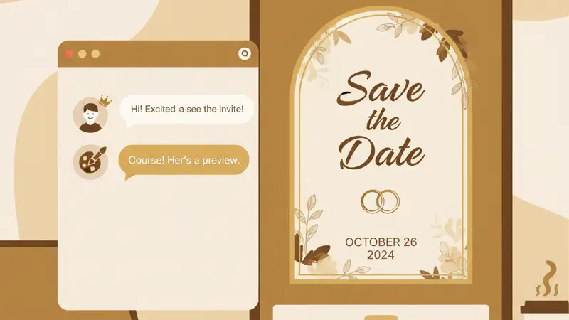 Ilustrasi pasangan sedang melihat fitur RSVP di undangan nikah online