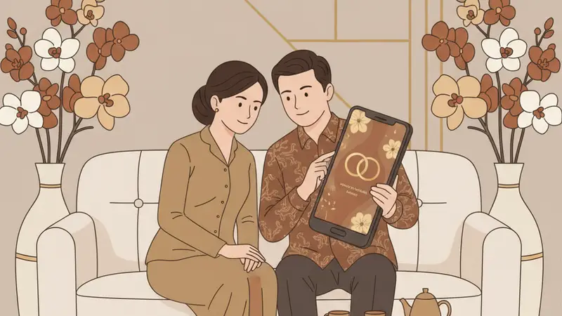 Ilustrasi pasangan sedang membuat undangan online gratis dengan laptop