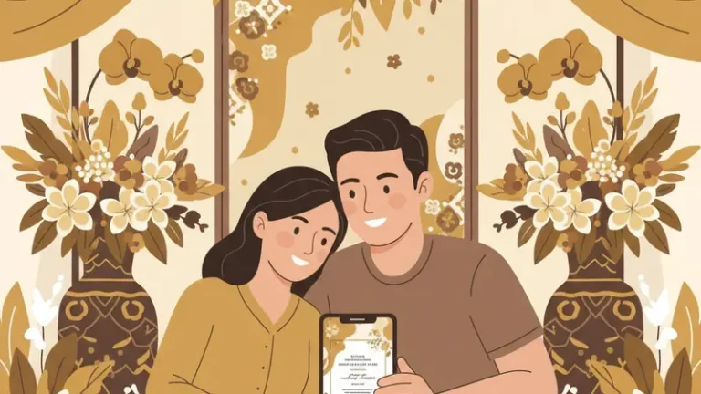 Ilustrasi pasangan melihat ponsel di depan dekorasi pernikahan