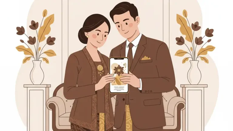 Ilustrasi pasangan pengantin memegang ponsel bersama