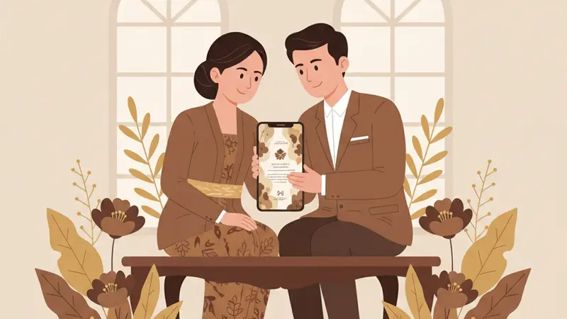Pasangan mempelai sedang melihat contoh undangan pernikahan digital di laptop Sannubari