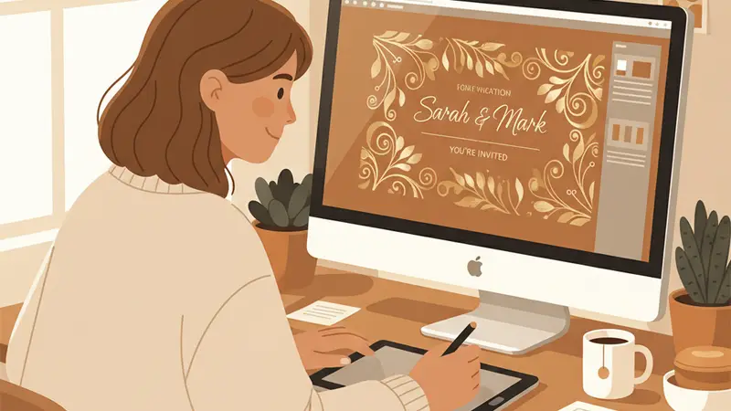 Ilustrasi perempuan mengerjakan desain kartu di komputer