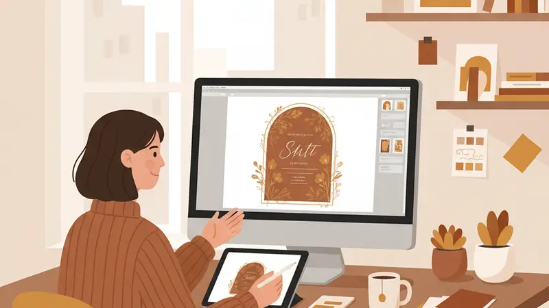 Ilustrasi desainer menyusun undangan di layar komputer