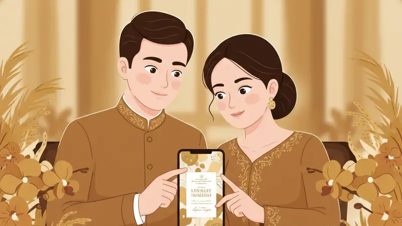 Pasangan sedang melihat undangan pernikahan digital gratis di laptop