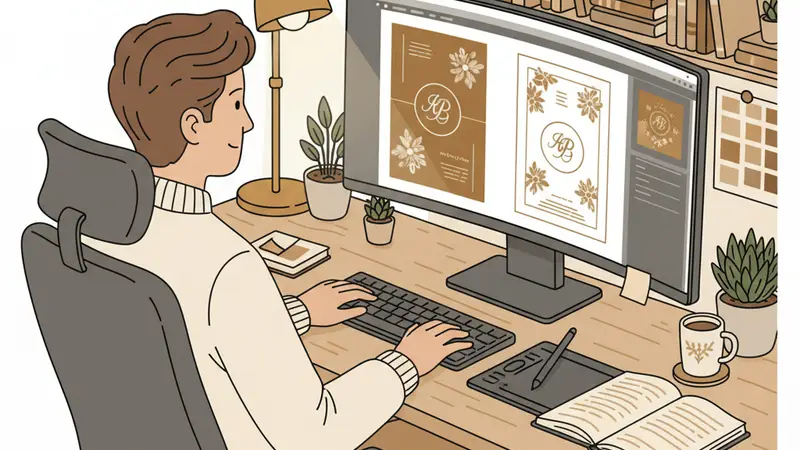 Seorang wanita sedang membuat undangan pernikahan online gratis di laptop