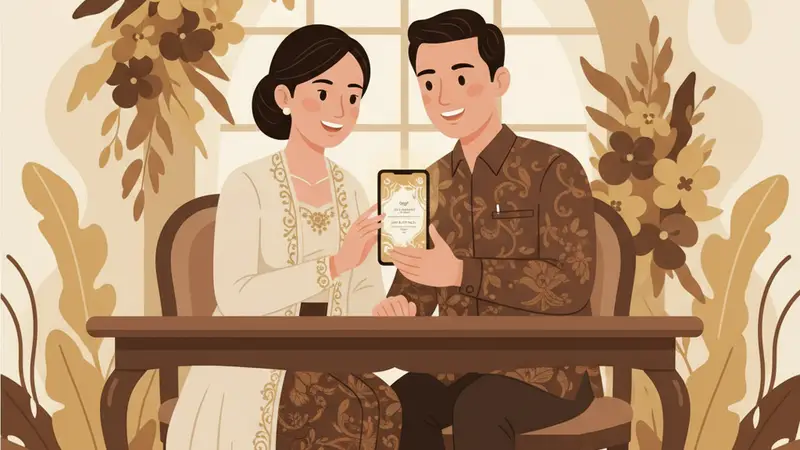 Pasangan pengantin sedang melihat undangan web di tablet