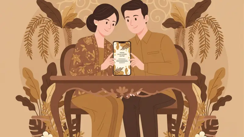 Ilustrasi pasangan yang sedang membuat undangan web gratis di laptop dengan fitur-fitur menarik