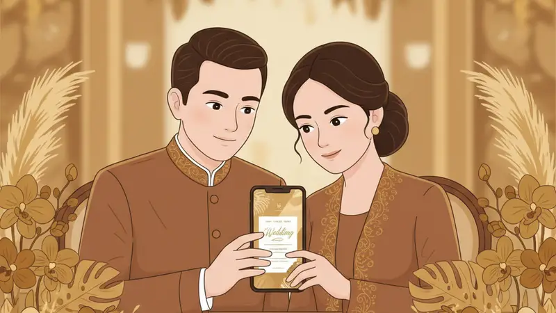 Pasangan sedang membuat undangan website gratis di laptop