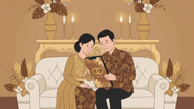 Ilustrasi pasangan pengantin melihat buku tamu digital di tablet